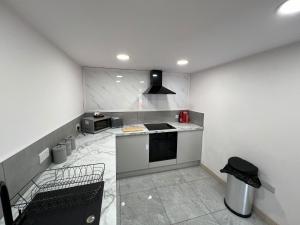 cocina con fregadero y fogones horno superior en Fully Furnished Medway with FREE PARKING by Prescott Apartments, en Bristol