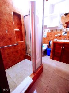 y baño con ducha y lavamanos. en Hostal GalaHouse, en Puerto Ayora