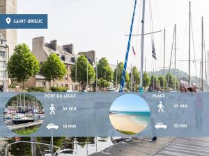 a wall with three pictures of boats in a harbor at Agreable T2 proche des commerces et gare in Saint-Brieuc