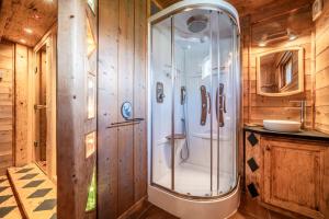 モルジヌにあるChalet L'arba clar - 4 étoilesの木製の壁の浴室のシャワー +26枚の写真
