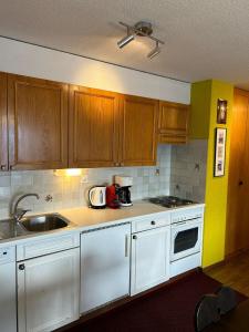 a kitchen with white appliances and wooden cabinets at Fontanettaz V 015 - MOUNTAIN apartment 6 pers in Veysonnaz