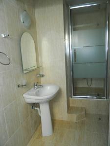 a bathroom with a sink and a shower and a mirror at Hanul cu Noroc in Moieciu de Jos