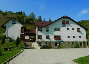 a large white house with windows and a driveway at Hanul cu Noroc in Moieciu de Jos