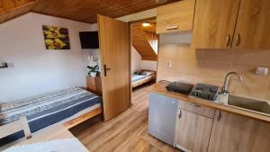 ポランチクにあるApartamenty Polańczykのベッド1台とシンク付きの小さな客室です。