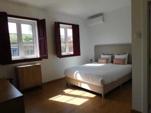 een slaapkamer met een bed en 2 ramen bij Casa dos Primos in Muxagata