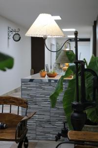 Zimmer mit einem Schreibtisch, einer Pflanze und einer Lampe in der Unterkunft Hotel Quebrachales in San Salvador de Jujuy