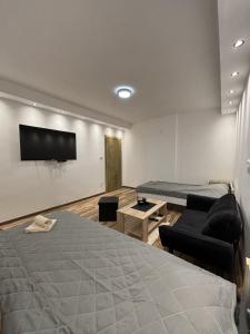1 dormitorio con 1 cama y TV de pantalla plana en Apartman Centar en Kuršumlija