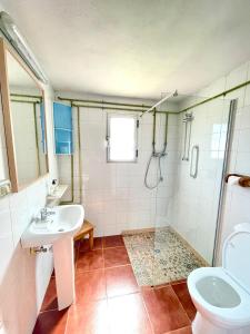 a bathroom with a sink and a shower and a toilet at Camping El Madroñal in Fuenteheridos