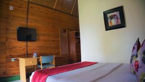 a bedroom with a bed and a desk and a television at ATACO COUNTRY RESORT in Fort Portal