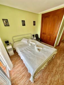 1 dormitorio con 1 cama grande y puerta de madera en Miradores De La Manga, en San Blas