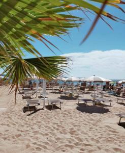 a beach with chaise lounges and umbrellas at Pamperduto Country Resort in Porto Potenza Picena