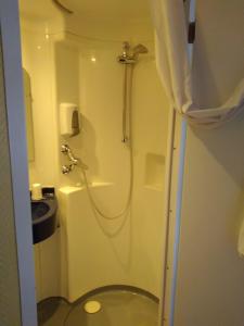 La petite salle de bains est pourvue d'une douche et de toilettes. dans l'établissement Fasthotel Annecy, à Seynod