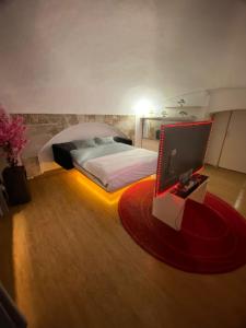 a bedroom with a bed and a tv on the floor at Habitación en centro de Barcelona in Barcelona