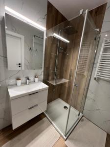a bathroom with a shower and a sink and a mirror at Apartament Broniewskiego in Busko-Zdrój