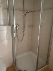 y baño con ducha y puerta de cristal. en Auberge communale de Gilly en Gilly