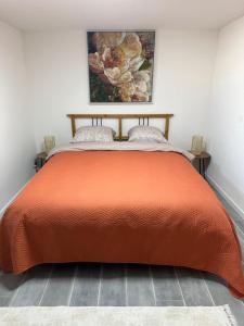an orange bed in a room with a painting on the wall at Les Mirabelles in Ensisheim