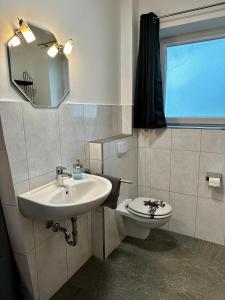 a bathroom with a sink and a toilet and a mirror at Ferienapartment am Glück in Bad Zwischenahn