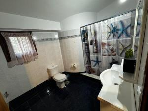 a bathroom with a toilet and a shower and a sink at Moonbeam Townhouse Skiathos in Skiathos