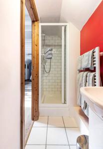a bathroom with a walk in shower and a sink at The Barn @ Box Farm in Middlezoy