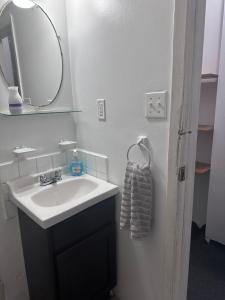 uma casa de banho com um lavatório e um espelho em Macaw Guest House em Nova York