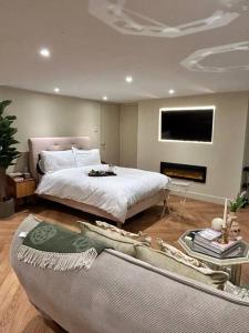 um quarto com uma cama, um sofá e uma televisão em The Basement em Brighton & Hove