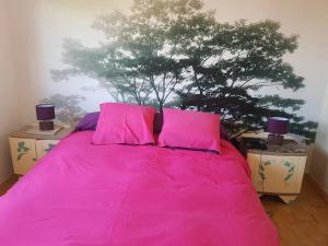 a pink bed with pink pillows in a room with a tree at Maison charmante à La Flèche avec jardin et parking privé in La Flèche +5 photos