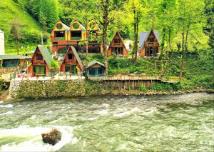 a group of houses on the side of a river at Tabiat Bungalows in Çamlıhemşin