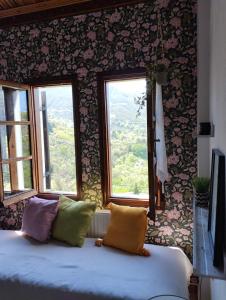 a bedroom with a bed with pillows and windows at Aspasia's Villa in Prinos