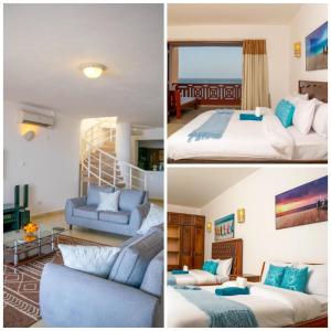 three different views of a bedroom and a living room at La Mera Beachfront Apartment in Mombasa