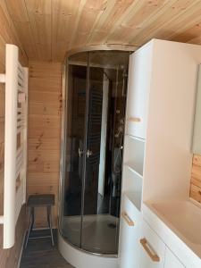 a shower in a room with a wooden ceiling at Eco-Lodge de Cëuse in Sigoyer