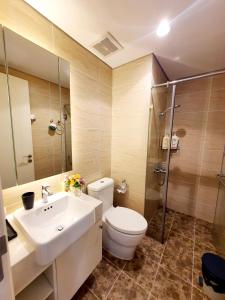 La salle de bains est pourvue de toilettes, d'un lavabo et d'une douche. dans l'établissement Studio Luxury Apt D'Capitale #Jerry's House, à Hanoï