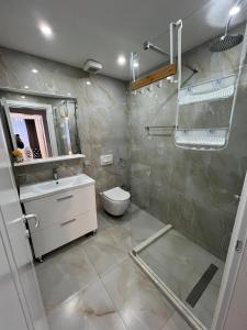 y baño con ducha, aseo y lavamanos. en Villa Pearl of Adriatic en Golem