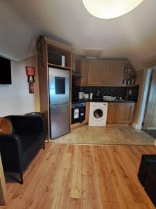 a living room with a kitchen with a refrigerator at Apt in Stoneybatter D7 in Dublin
