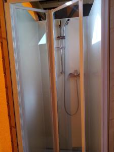 un bagno con doccia e porta in vetro di Glamping - La Giara a San Demetrio Corone