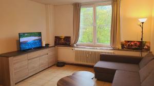 een woonkamer met een bank, een tv en een raam bij Chaleureux petit appart entre Namur et Andenne in Namêche