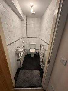 een kleine badkamer met een toilet en een wastafel bij Comfort Arena in Colchester