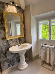 een badkamer met een wastafel en een spiegel bij La maison au cèdre in Marsac-sur-lʼIsle