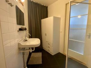 a white bathroom with a sink and a shower at Zonnig appartement met terrasje in Groesbeek