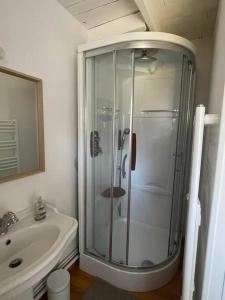 un bagno con doccia e lavandino di Maison en pleine nature a Saint-Maurice-en-Gourgois