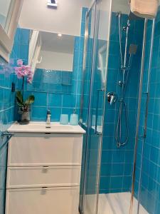 W łazience znajduje się umywalka i prysznic z niebieskimi kafelkami. w obiekcie Villette Aldobrandeschi Urban Oasis Vacation Homes w Rzymie