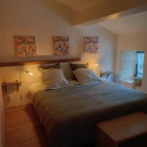1 dormitorio con 1 cama grande y 2 almohadas en Clos Baroanni - Gîte Terra en Terraube