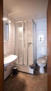 ein Bad mit einer Dusche, einem WC und einem Waschbecken in der Unterkunft Hotel Royal in Monschau