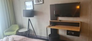 a bedroom with a flat screen tv on a wall at Czarna Perła Apartamenty Czarna Góra 103 in Sienna