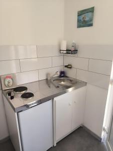 a small kitchen with a sink and a stove at Roulotte insolite La Marivole in Azay-le-Ferron