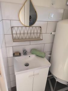 a bathroom with a sink and a mirror at Roulotte insolite La Marivole in Azay-le-Ferron