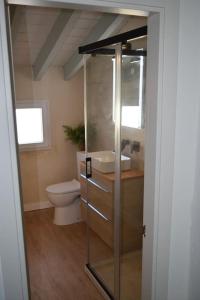 een badkamer met een toilet en een glazen douchedeur bij Casa de la Abuela Dolores in Villaverde del Río