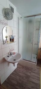 uma casa de banho com um lavatório e uma cabina de duche em vidro. em Pokoje nad jeziorem Mazury em Dabrówno