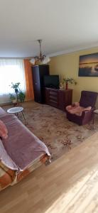 uma sala de estar com uma cama e um sofá em Pokoje nad jeziorem Mazury em Dabrówno