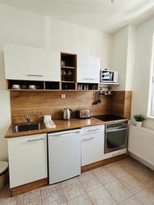 eine Küche mit weißen Schränken und einem Waschbecken in der Unterkunft Studio Apartment Bluebell in Bratislava
