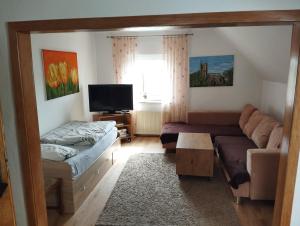 a living room with a couch and a tv at Apartment Lidija in Hiddenhausen